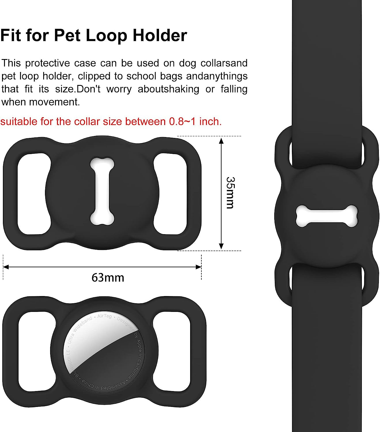 For Airtag Dog Collar Holder, Air Tag Protective Cat Airtag Dog Collar,Silicone Airtags GPS Tracking Accessories,Air Tags with Bone Pattern (1 Pack(Black))