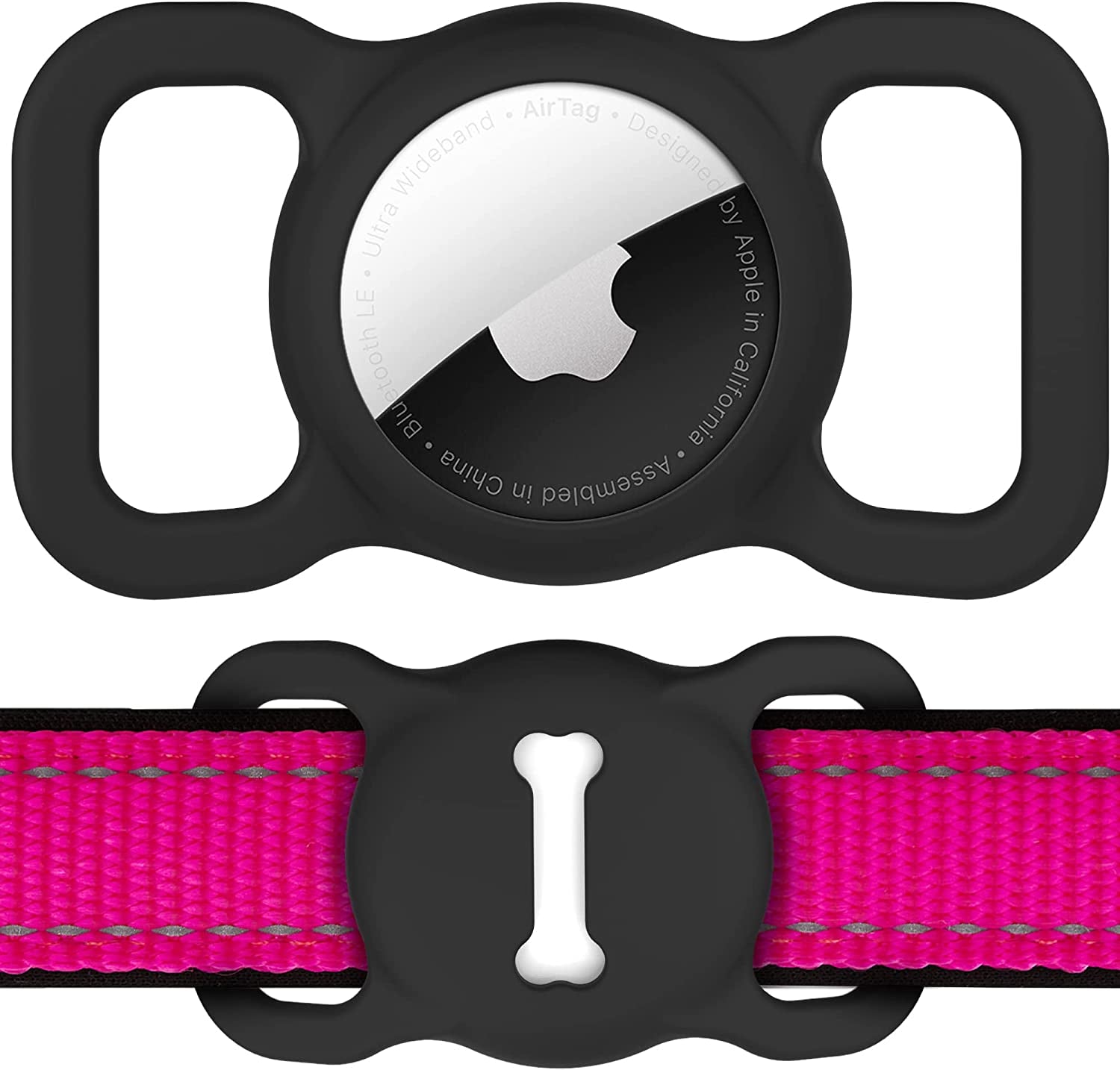 For Airtag Dog Collar Holder, Air Tag Protective Cat Airtag Dog Collar,Silicone Airtags GPS Tracking Accessories,Air Tags with Bone Pattern (1 Pack(Black))